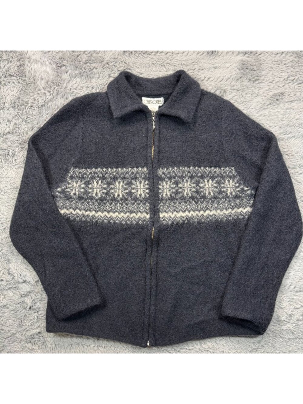 Cherokee Sweater Women's S Blue Fair Isle Wool Cardigan Full-Zip Preppy Cozy